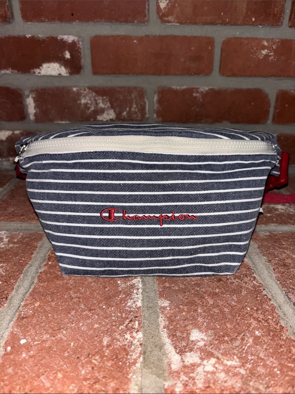 Champion Navy and White Striped Waist Bag with Red Logo